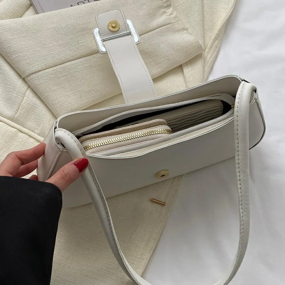 White Casual Women's Belt Buckle Handbag Summer Shoulder Bag